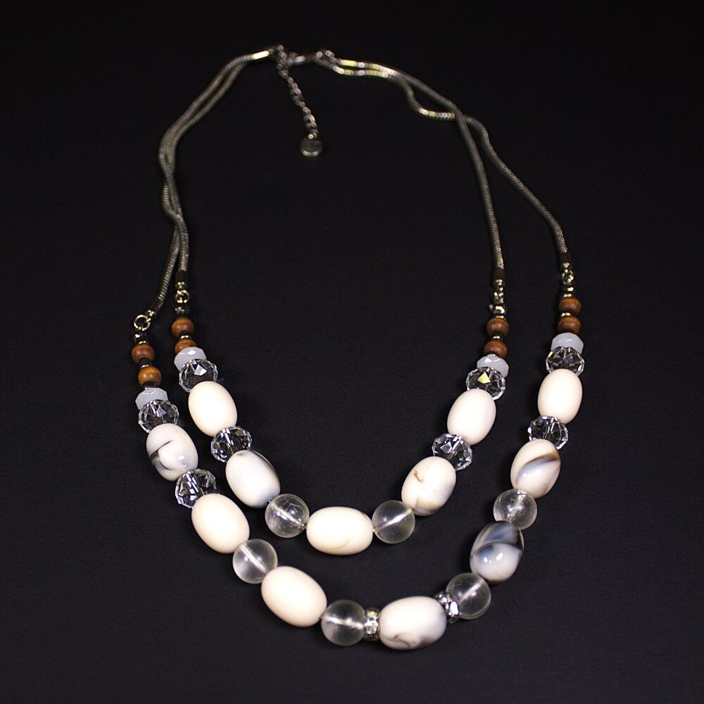Ann Taylor LOFT Silver Tone Necklace with Cream and Black Swirl Beads